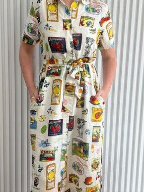 Jane and Delancey Travel Postcards Print Linen Blend Shirt Dress